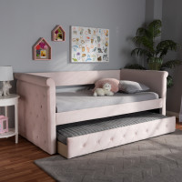Baxton Studio CF8825-Light Pink-Daybed-T/T Amaya Modern and Contemporary Light Pink Velvet Fabric Upholstered Twin Size Daybed with Trundle